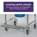 Equipmed Commode Shower Chair, Over Toilet or Bedside 136kg Capacity Aluminium frame with Wheels, White/Blue - Rear View