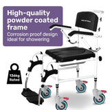 Equipmed Commode Shower Chair, Over Toilet or Bedside 136kg Capacity Aluminium frame with Wheels, Black - Front View