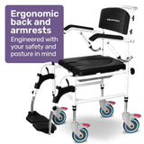 Equipmed Commode Shower Chair, Over Toilet or Bedside 136kg Capacity Aluminium frame with Wheels, Black - 45-Degree Angle