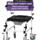 Equipmed Commode Shower Chair, Over Toilet or Bedside 136kg Capacity Aluminium frame with Wheels, Black - Close-Up Angle