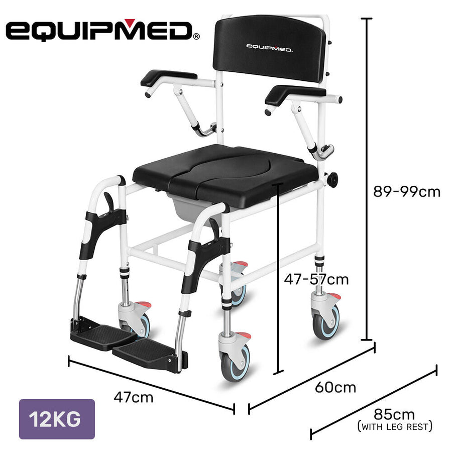 Equipmed Commode Shower Chair, Over Toilet or Bedside 136kg Capacity Aluminium frame with Wheels, Black
