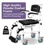 Equipmed Commode Shower Chair, Over Toilet or Bedside 136kg Capacity Aluminium frame with Wheels, Black