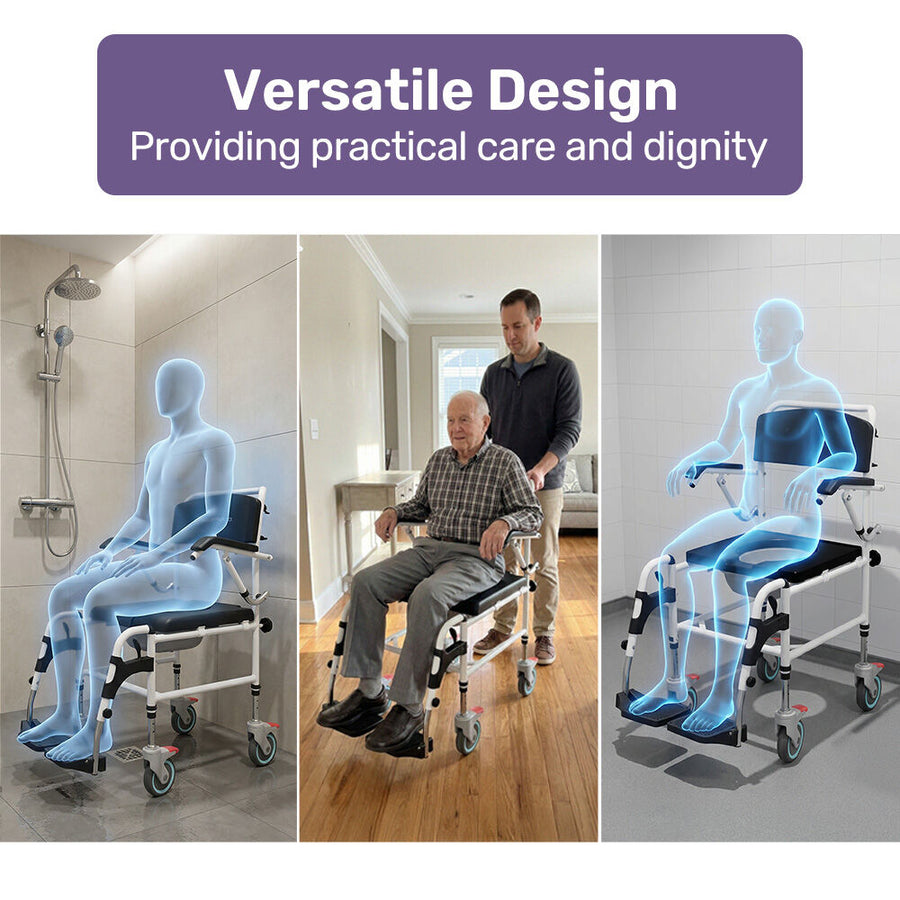 Equipmed Commode Shower Chair, Over Toilet or Bedside 136kg Capacity Aluminium frame with Wheels, Black