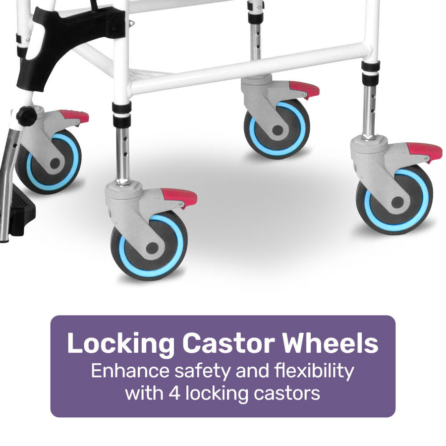 Equipmed Commode Shower Chair, Over Toilet or Bedside 136kg Capacity Aluminium frame with Wheels, Black