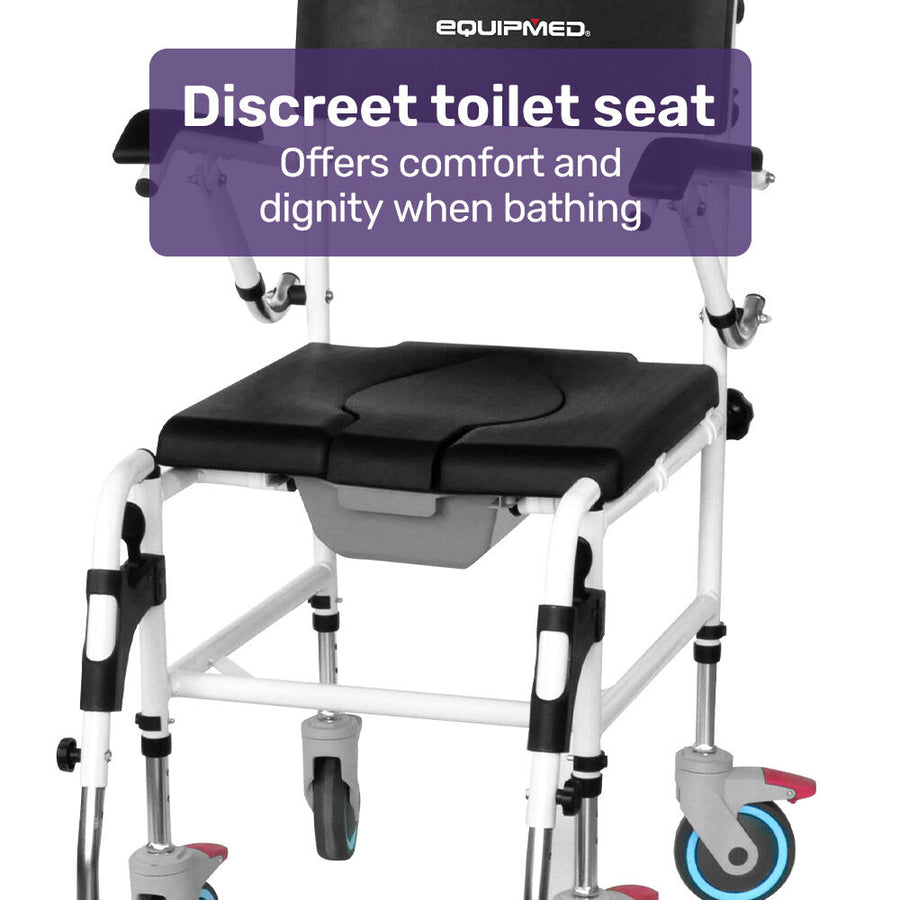 Equipmed Commode Shower Chair, Over Toilet or Bedside 136kg Capacity Aluminium frame with Wheels, Black