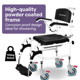 Equipmed Commode Shower Chair, Over Toilet or Bedside 136kg Capacity Aluminium frame with Wheels, Black - Side View