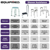 EQUIPMED Shower Chair Bath Seat 120kg Capacity, with Arms, Adjustable Height, for Elderly, White - Low Angle