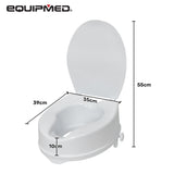 EQUIPMED Raised Over Toilet Seat, 10cm Riser, 125kg Capacity, Raiser with Lid, White - Front View