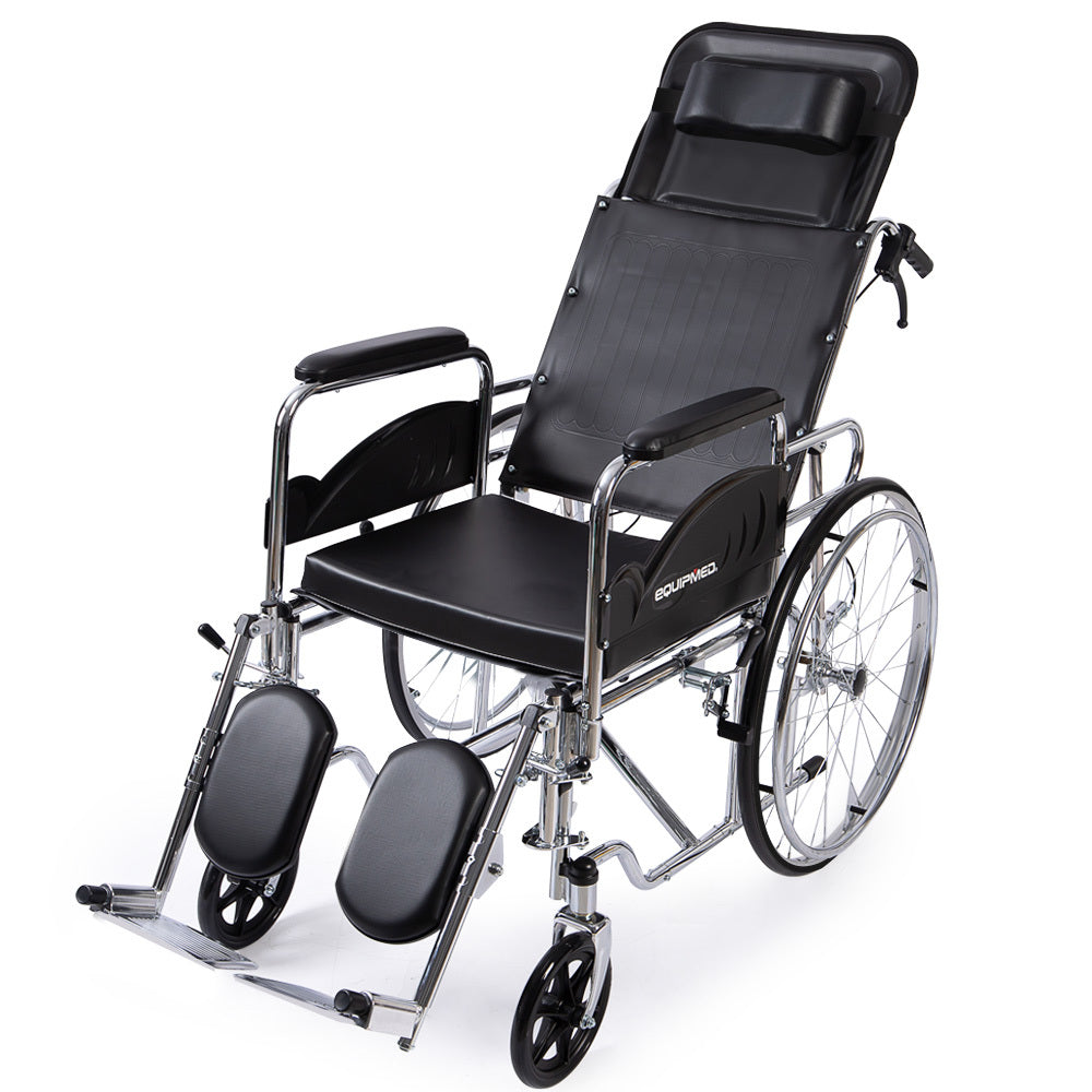 Equipmed Folding Manual Reclining Wheelchair Self Propelled, 24 Rear Wheels, Chrome Steel Frame, 46cm Wide Seat, 100kg Capacity, Park Brakes