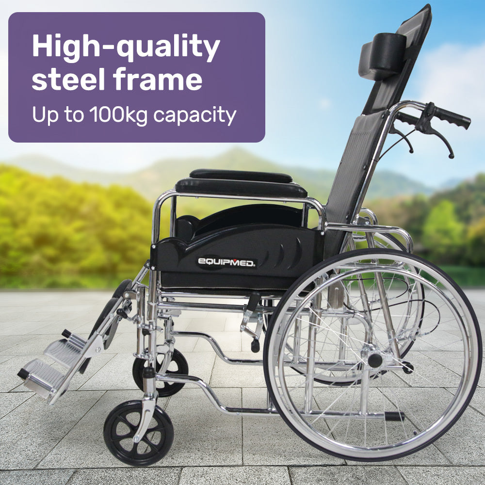 Equipmed Folding Manual Reclining Wheelchair Self Propelled, 24 Rear Wheels, Chrome Steel Frame, 46cm Wide Seat, 100kg Capacity, Park Brakes