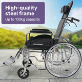 Equipmed Folding Manual Reclining Wheelchair Self Propelled, 24 Rear Wheels, Chrome Steel Frame, 46cm Wide Seat, 100kg Capacity, Park Brakes - Side View