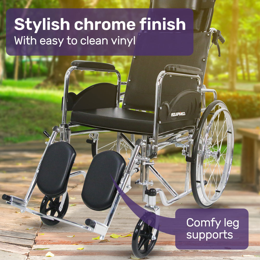 Equipmed Folding Manual Reclining Wheelchair Self Propelled, 24 Rear Wheels, Chrome Steel Frame, 46cm Wide Seat, 100kg Capacity, Park Brakes
