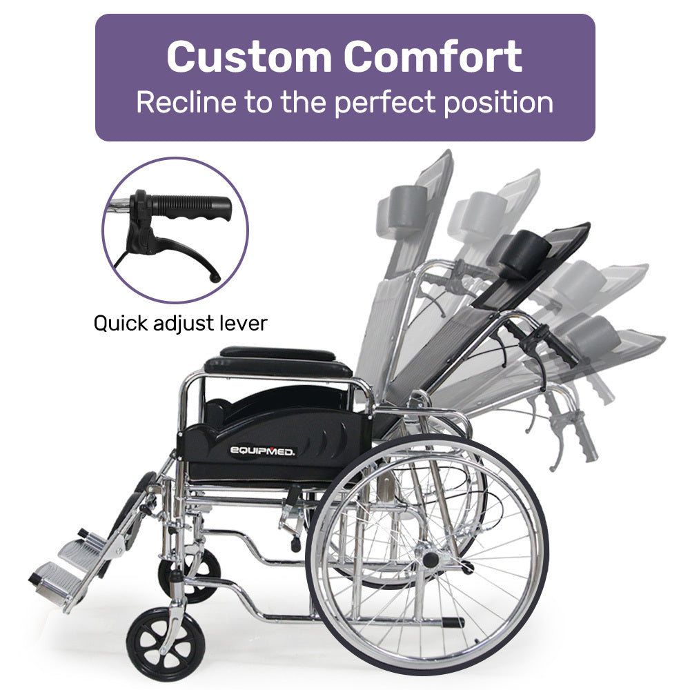 Equipmed Folding Manual Reclining Wheelchair Self Propelled, 24 Rear Wheels, Chrome Steel Frame, 46cm Wide Seat, 100kg Capacity, Park Brakes