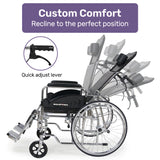Equipmed Folding Manual Reclining Wheelchair Self Propelled, 24 Rear Wheels, Chrome Steel Frame, 46cm Wide Seat, 100kg Capacity, Park Brakes - Rear View