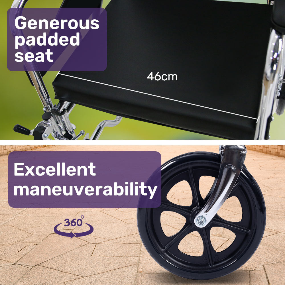 Equipmed Folding Manual Reclining Wheelchair Self Propelled, 24 Rear Wheels, Chrome Steel Frame, 46cm Wide Seat, 100kg Capacity, Park Brakes