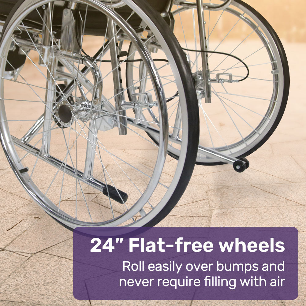 Equipmed Folding Manual Reclining Wheelchair Self Propelled, 24 Rear Wheels, Chrome Steel Frame, 46cm Wide Seat, 100kg Capacity, Park Brakes