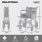 EQUIPMED Folding Transit Manual Wheelchair, Attendant Propelled, Steel Frame, Wide Seat, Comfortable for S-XL, 114kg Capacity, Park Brakes, Transport - Front View