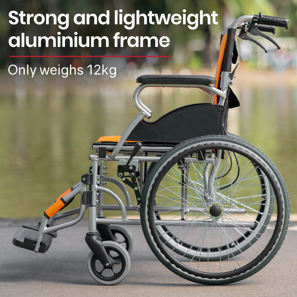 EQUIPMED Folding Aluminium Wheelchair, 20 Wheels, Park Brakes, 100kg Capacity, Orange
