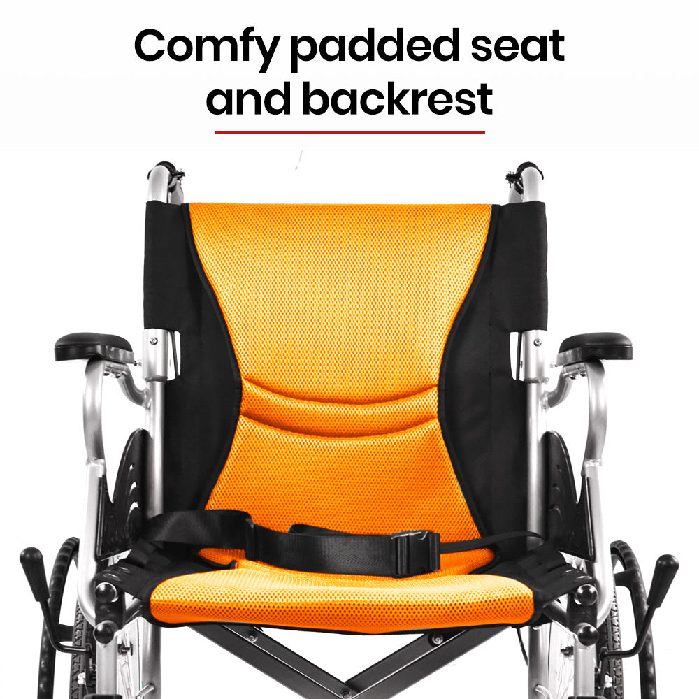 EQUIPMED Folding Aluminium Wheelchair, 20 Wheels, Park Brakes, 100kg Capacity, Orange