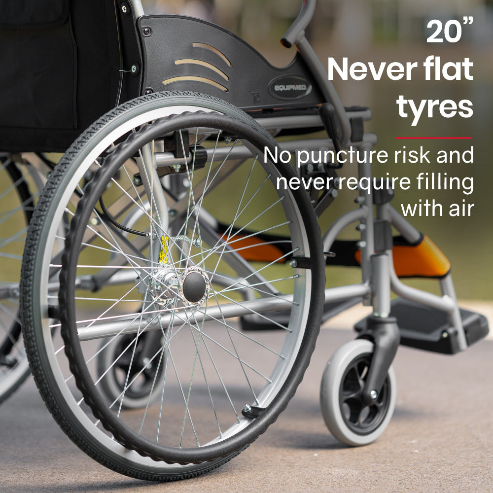 EQUIPMED Folding Aluminium Wheelchair, 20 Wheels, Park Brakes, 100kg Capacity, Orange