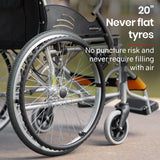 EQUIPMED Folding Aluminium Wheelchair, 20 Wheels, Park Brakes, 100kg Capacity, Orange - Low Angle