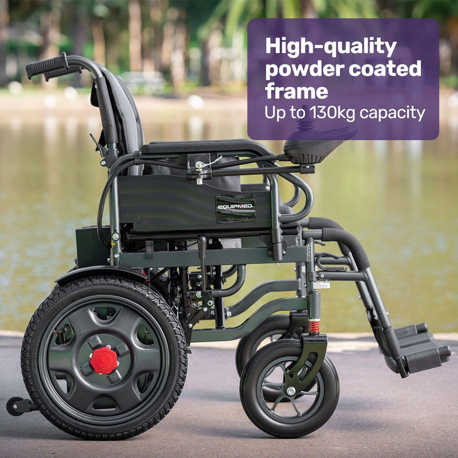 Equipmed Electric Folding Wheelchair, Wide Bariatric Chair Seat, Comfortable for S-XL, Long Range, Lithium Battery, Black/Grey