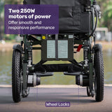 Equipmed Electric Folding Wheelchair, Wide Bariatric Chair Seat, Comfortable for S-XL, Long Range, Lithium Battery, Black/Grey - 45-Degree Angle