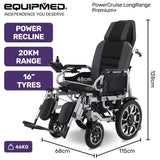 EQUIPMED Power Electric Wheelchair, Long Range, Auto Recline, Lithium Battery, 16 Rear Wheels, Headrest, Folding, Grey/Black - Front View