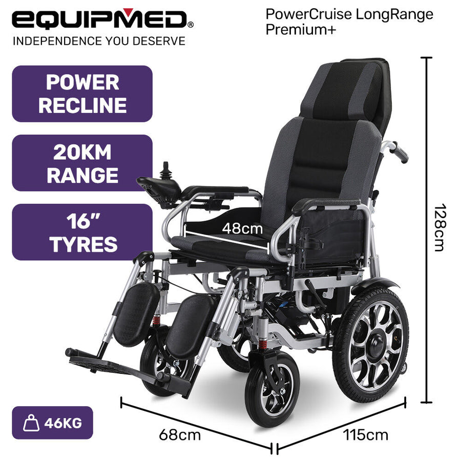EQUIPMED Electric Wheelchair, Power Recline, Long Range, Lithium Battery, 16" Rear Wheels, Headrest, Folding, Grey/Black
