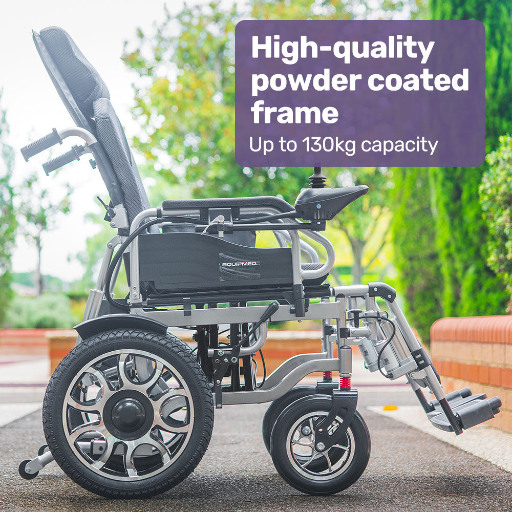 EQUIPMED Power Electric Wheelchair, Long Range, Auto Recline, Lithium Battery, 16 Rear Wheels, Headrest, Folding, Grey/Black