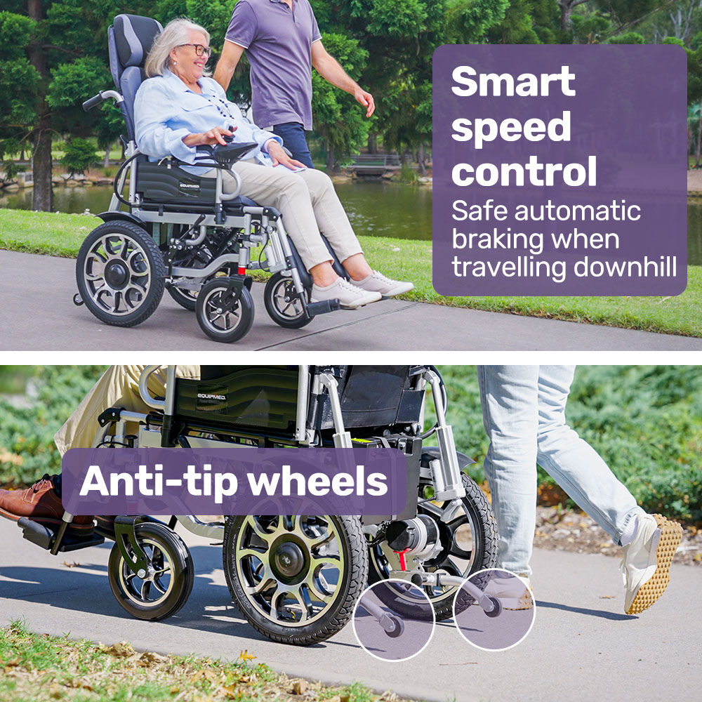 EQUIPMED Power Electric Wheelchair, Long Range, Auto Recline, Lithium Battery, 16 Rear Wheels, Headrest, Folding, Grey/Black