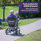 EQUIPMED Power Electric Wheelchair, Long Range, Airline Approved, Folding, Aluminium Frame, Lithium Battery, Blue - Side View