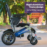 EQUIPMED Power Electric Wheelchair, Long Range, Airline Approved, Folding, Aluminium Frame, Lithium Battery, Blue - 45-Degree Angle
