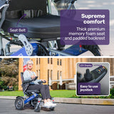 EQUIPMED Power Electric Wheelchair, Long Range, Airline Approved, Folding, Aluminium Frame, Lithium Battery, Blue - Low Angle