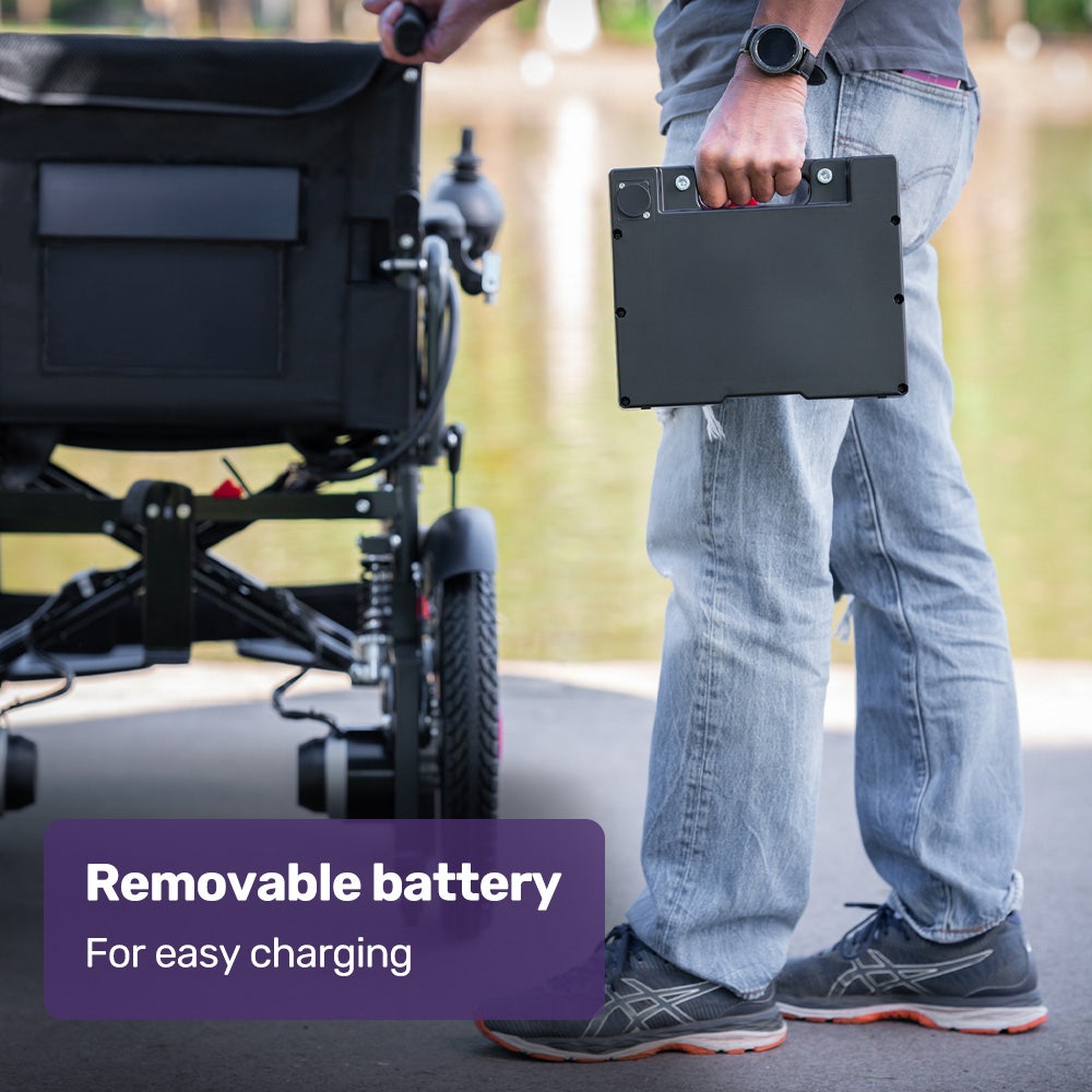 EQUIPMED Electric Folding Wheelchair, Wide Bariatric Chair Seat, Comfortable for S-XL, Long Range, Lithium Battery, Black