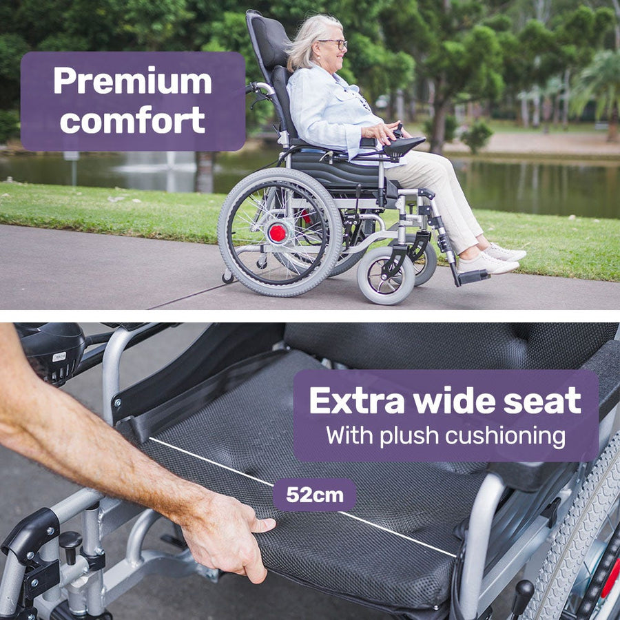 EQUIPMED Power Electric Wheelchair, XL Wide Bariatric Chair Seat, Long Range, Airline Approved, Recline Adjustment, Lithium Battery, 22" Wheels, Headrest, Black