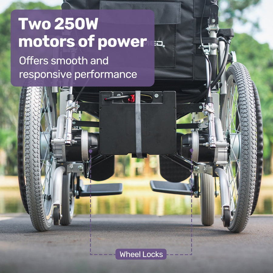EQUIPMED Power Electric Wheelchair, XL Wide Bariatric Chair Seat, Long Range, Airline Approved, Recline Adjustment, Lithium Battery, 22" Wheels, Headrest, Black