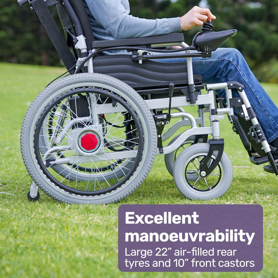 EQUIPMED Power Electric Wheelchair, XL Wide Bariatric Chair Seat, Long Range, Airline Approved, Recline Adjustment, Lithium Battery, 22" Wheels, Headrest, Black