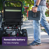 EQUIPMED Electric Folding Wheelchair, Long Range, Airline Approved, Aluminium Frame, Lithium Battery, Black - 45-Degree Angle