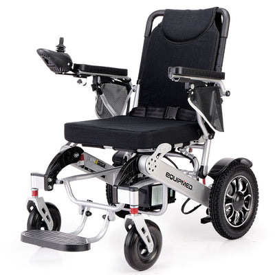 EQUIPMED Power Electric Wheelchair, Airline Approved Wheel Chair, Lightweight, Folding, Long Range, Lithium Batteries, Black & Silver