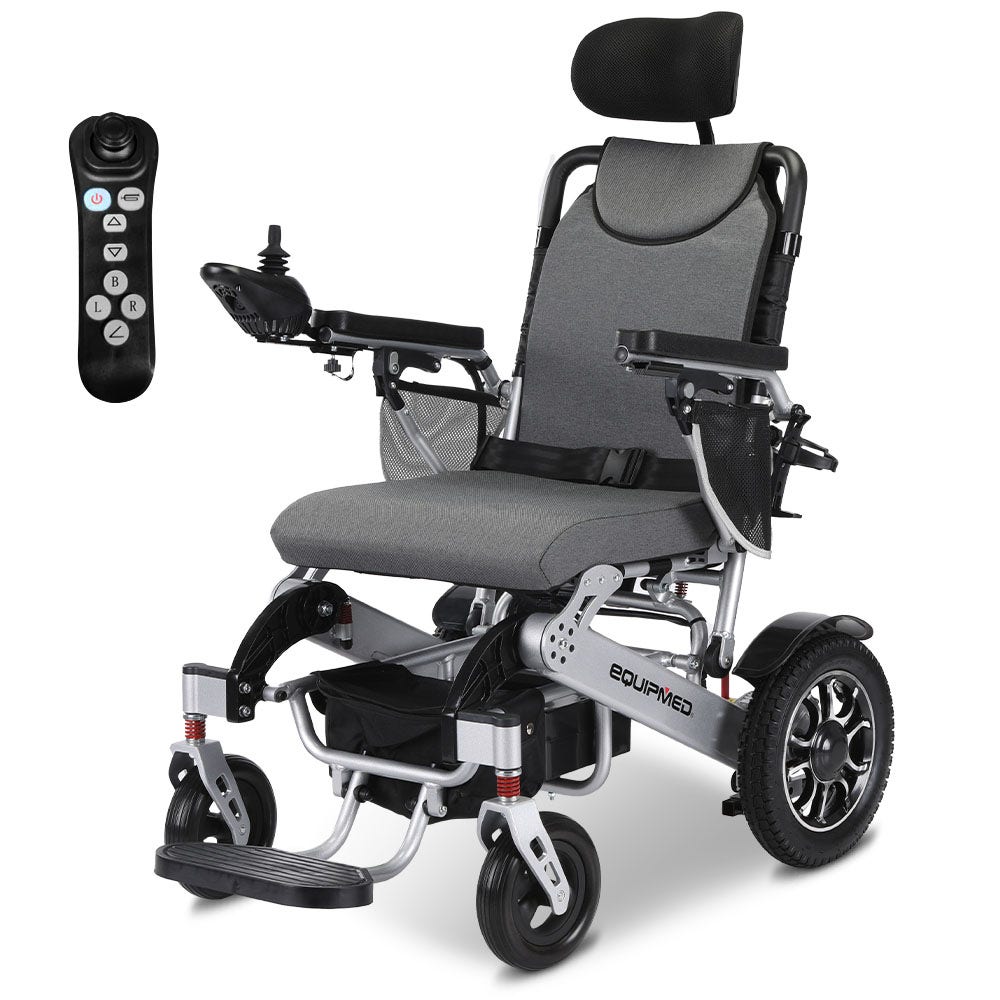 EQUIPMED Power Electric Wheelchair, Long Range, Airline Approved, Alloy, Remote Control, Lithium Battery, Black/Silver