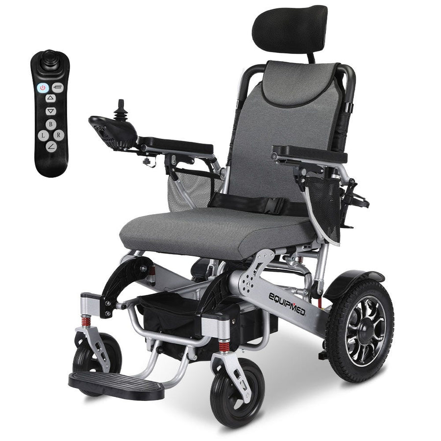 EQUIPMED Power Electric Wheelchair, Long Range, Airline Approved, Alloy, Remote Control, Lithium Battery, Black/Silver