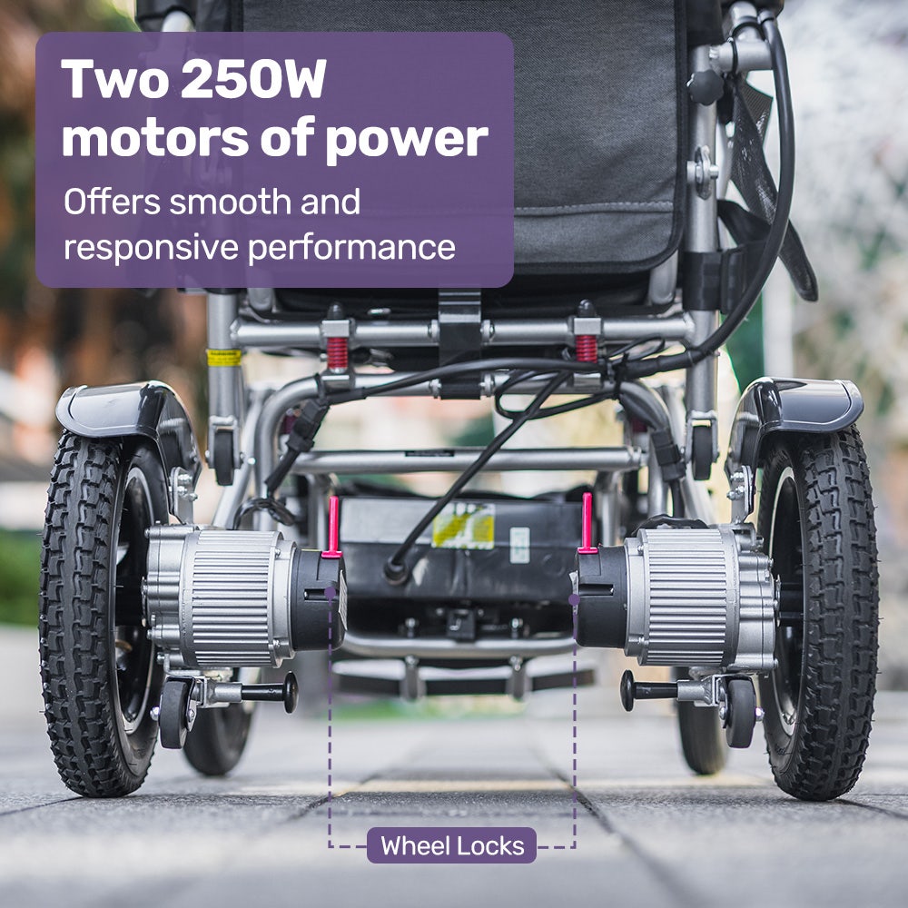 EQUIPMED Power Electric Wheelchair, Long Range, Airline Approved, Alloy, Remote Control, Lithium Battery, Black/Silver