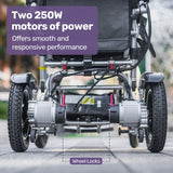 EQUIPMED Power Electric Wheelchair, Long Range, Airline Approved, Alloy, Remote Control, Lithium Battery, Black/Silver - 45-Degree Angle