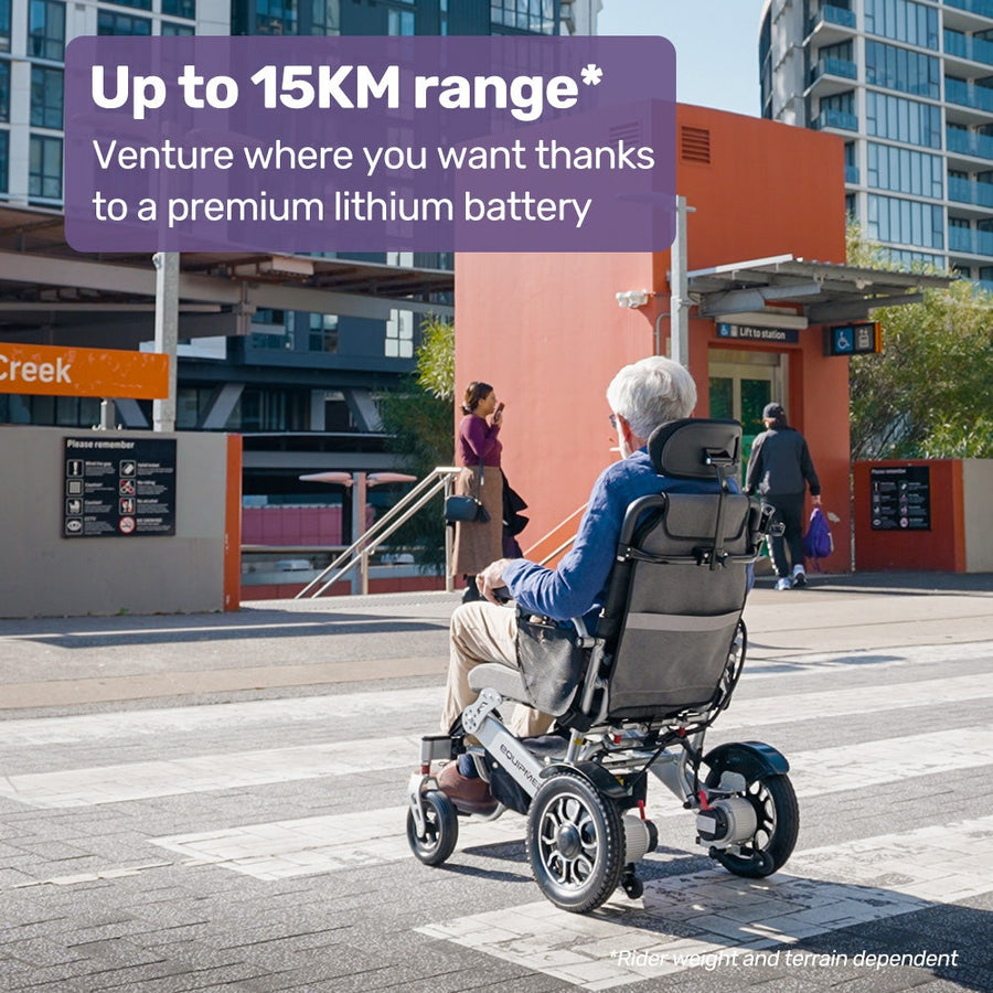 EQUIPMED Power Electric Wheelchair, Long Range, Airline Approved, Alloy, Remote Control, Lithium Battery, Black/Silver