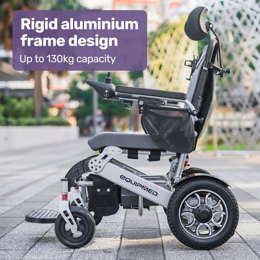 EQUIPMED Power Electric Wheelchair, Long Range, Airline Approved, Alloy, Remote Control, Lithium Battery, Black/Silver