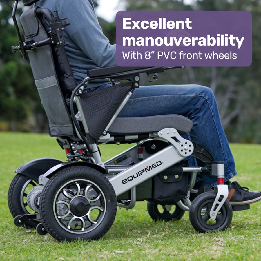 EQUIPMED Power Electric Wheelchair, Long Range, Airline Approved, Alloy, Remote Control, Lithium Battery, Black/Silver