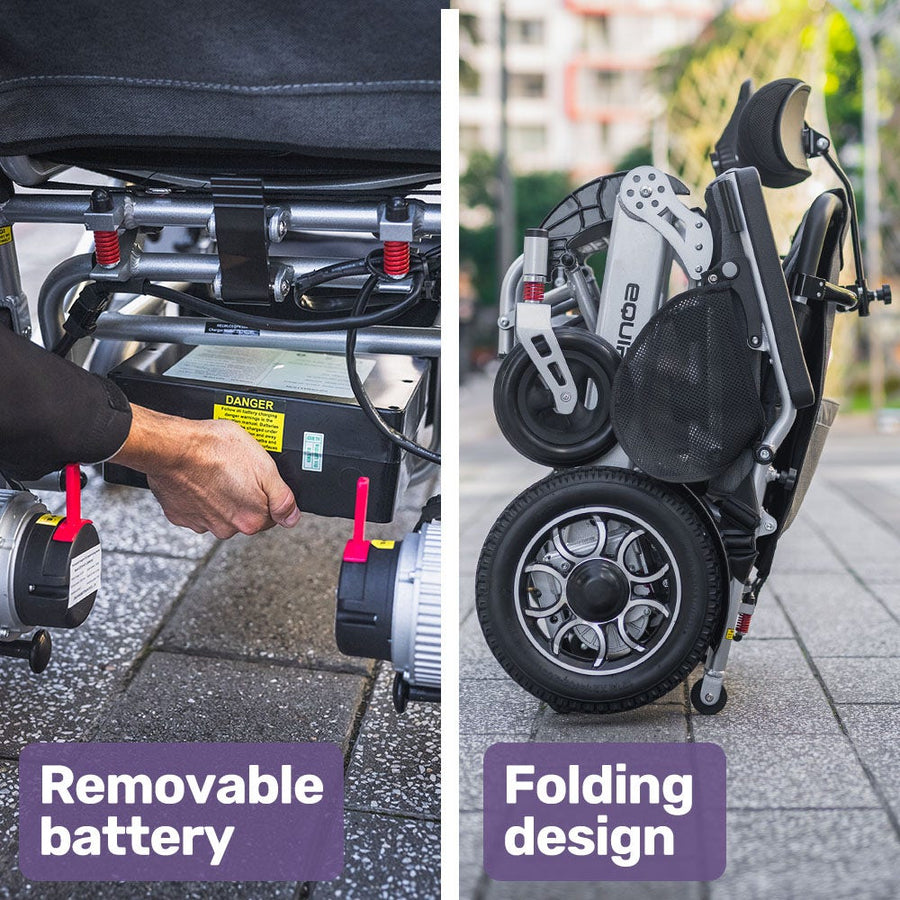 EQUIPMED Power Electric Wheelchair, Long Range, Airline Approved, Alloy, Remote Control, Lithium Battery, Black/Silver
