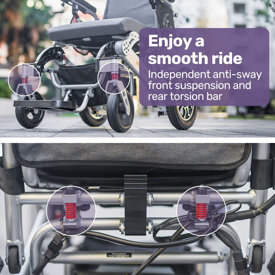 EQUIPMED Power Electric Wheelchair, Long Range, Airline Approved, Alloy, Remote Control, Lithium Battery, Black/Silver