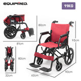 Equipmed Folding Transit Wheelchair, Lightweight Aluminium for Easy Transport, Crimson Red - Front View